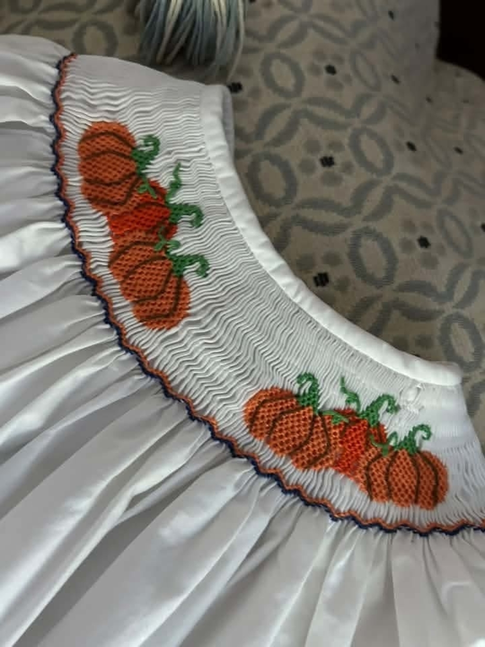 Classic Whimsy Boutique Pumpkin Smocked Top and Navy Pants Set - Picture 3 of 3